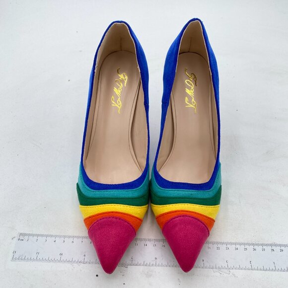 FOWT Rainbow High Heel Pointed Toe Pump Slip-on Rainbow Shoes for Dress Party - Picture 3 of 8